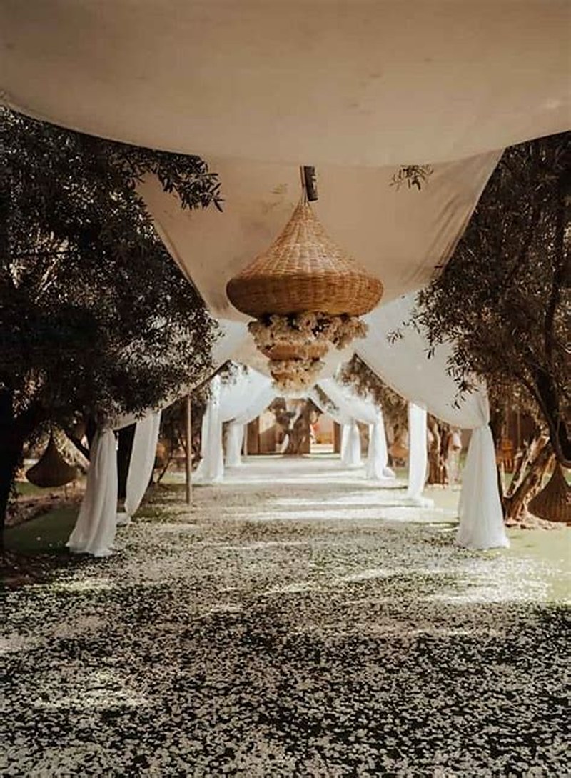 Allée extérieure sous voilages blancs, lanterne tressée suspendue et tapis de pétales.