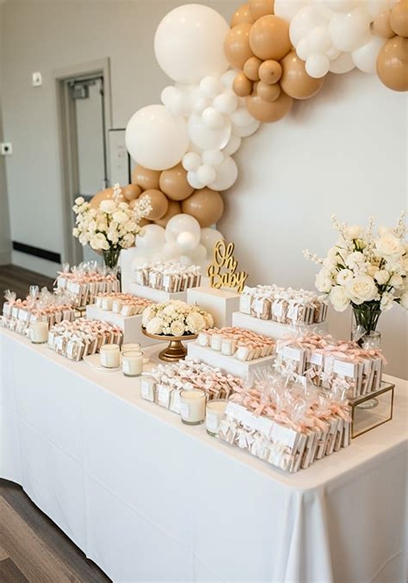 Table de baby shower : arche de ballons crème et caramel, douceurs emballées de rose poudré, bouquets blancs.